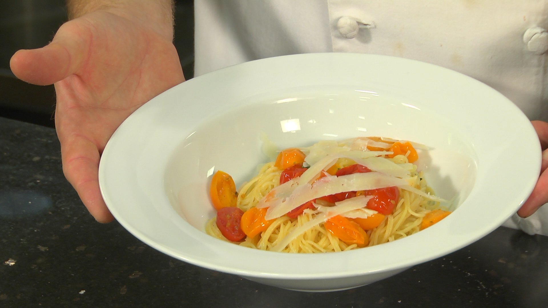 Capellini with Cherry Tomato, White Wine and Shaved Pecorino Romano